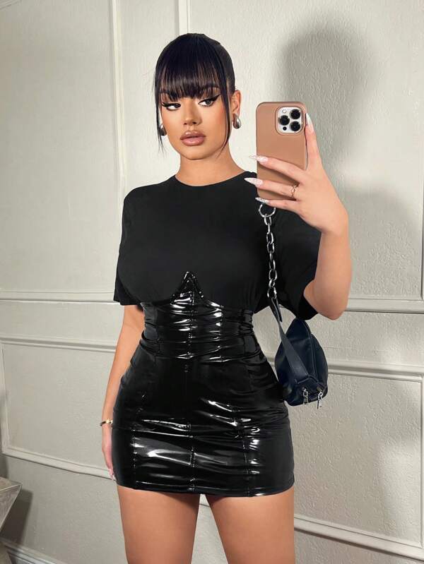 SHEIN SXY Fusta creion strânsă din piele PU cu talie înaltă pentru femei, potrivită pentru uzura de zi cu zi, afaceri, simplă, navetă, elegantă, ocazională, cumpărături, îmbrăcăminte de stradă, ieșiri, , ușor de asortat și arată subțire, îți accentuează corpul, flatează silueta