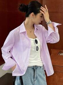 DAZY 女士单排扣休闲条纹长袖衬衫，适合夏季、秋季女装 - 淡紫色 - 查看 3