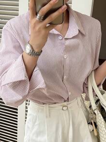 DAZY Women Vertical Striped Loose Fit Casual Long Sleeve Shirt, Summer