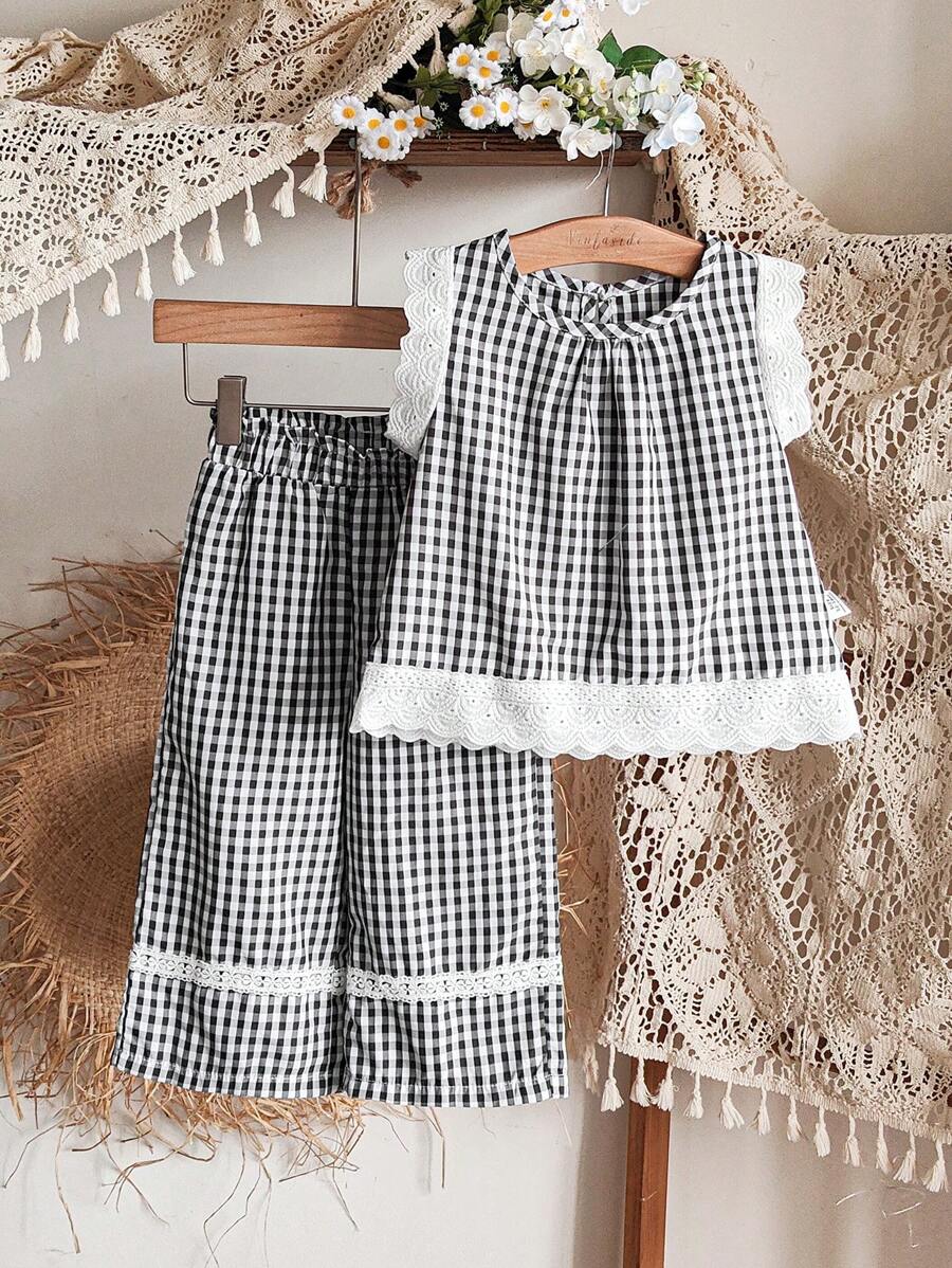 2pcs Baby Girl Infant Toddler/Newborn Spring/Summer Casual Countryside Vacation Sweet & Cute Black/White Plaid Sleeveless Lace Trim Blouse & Wide-Leg Pants Outfit Set - Black and White - View 1