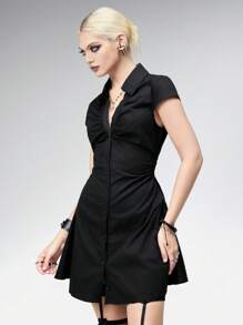 ROMWE Vintage Dark Gothic Sexy V-Neck Drawstring Waist Shirt Dress - Black - View 4