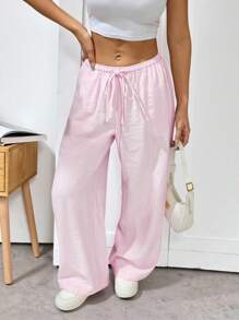 SHEIN PETITE Women Cute Pink Summer Low Waist Casual Loose Trousers Tie Waist Straight Loose Solid Color Casual Pants For Daily Wear - Pink - View 9