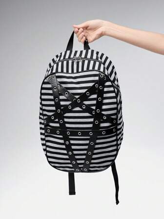 Grunge Punk Mochila de mujer de moda Y2K Punk Goth con ojales perforados, correas con tachuelas y rayas de contraste, de gran capacidad para laptop, casual