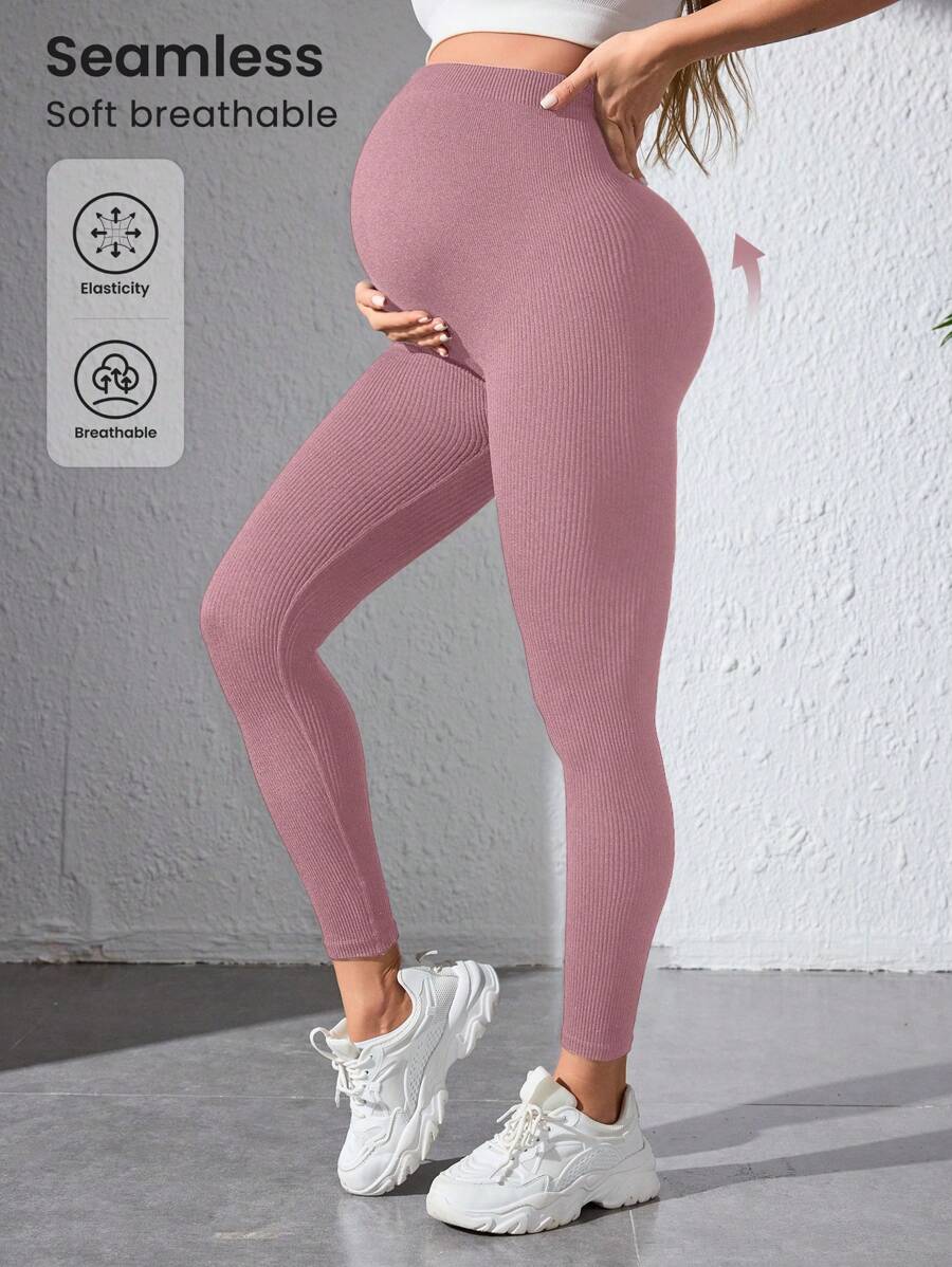 SHEIN Black Seamless Maternity Leggings, Fashionable For Summer - Dusty Pink - View 1