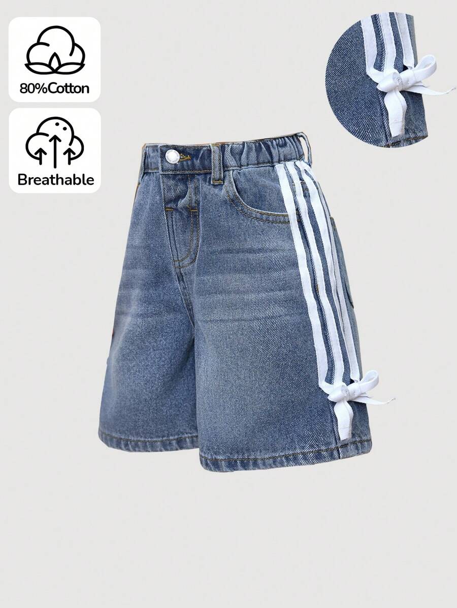 SHEIN Quần short denim rộng rãi có nơ trang trí cho bé gái, mùa xuân và mùa hè, kỳ nghỉ thường ngày ở nông thôn - Rửa nhẹ - Xem 1