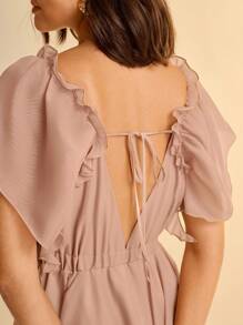 CAJUNI Women's Summer Holiday Beach Casual Tropical Bohemian Chiffon Puff Sleeve Asymmetrical Hem Short Dress - Camel - View 3