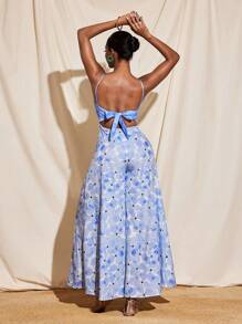 TIYA Floral Print Plunging Neck Wide Leg Tie Back Cami Jumpsuit Women Summer Vacation Wear - Blue - View 1