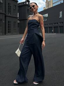 DAZY 女式牛仔露背短款上衣和裤子两件套，春夏 - 藍色 - 查看 2