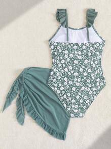 女童连体泳衣，蝴蝶结印花，荷叶边肩带设计和荷叶边裙，可爱适合游泳、海滩和度假 - 墨綠色 - 查看 2