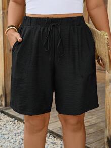 SHEIN LUNE 加大码女式抽绳腰口袋舒适休闲短裤海滩度假女士机场黑色短裤女士休闲短裤夏季