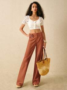 Poéselle Women's Casual Solid Color Zip Front Straight Leg Pants - Brown - View 3