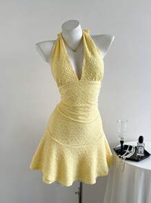 SHEIN Tall Women's Summer Casual Daily Solid Color Mesh Fabric Ruffled Halter Tie Bow Mini Dress