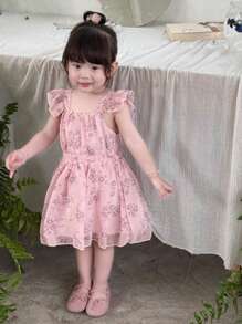 SHEIN 婴幼儿女孩优雅碎花雪纺细肩带连衣裙，甜美可爱，夏季 - 粉色 - 查看 6
