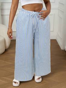 SHEIN PETITE CURVE Quần sọc cỡ lớn, thời trang cho mùa hè - Xanh và trắng - Xem 5
