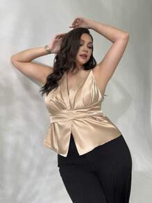 Firerie Áo cánh không tay bằng vải satin cổ bẻ viền bất đối xứng cỡ lớn mùa xuân/hè mới thanh lịch lãng mạn mặc hàng ngày cho nữ - Rượu sâm banh - Xem 2