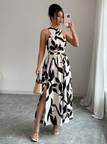 Elenzga 女士度假植物印花镂空腰部露背连衣裙