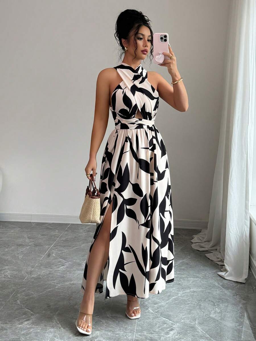 Elenzga 女士度假植物印花镂空腰部露背连衣裙