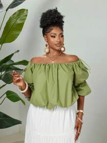 Maweii Camisa sencilla de hombros descubiertos para mujer talla grande - Verde - Ver 5