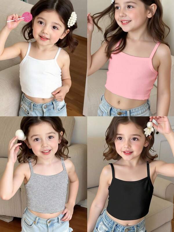 SHEIN Young Girl Casual Simple Pink, White, Black, Gray Multi-Pack Small Top Suitable For Summer