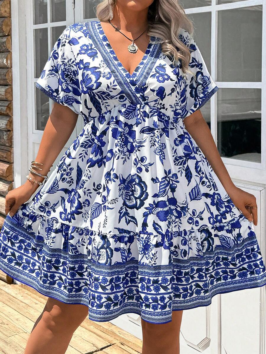 SHEIN LUNE Vestido corto con cuello en V y estampado floral pequeño para mujer de talla grande, apto para aeropuerto, fiesta del té, graduación, romántico y elegante, atuendo de vacaciones minimalista, simple y a la moda, adecuado para uso diario, atuendo de bloguera de , fiesta elegante personalizada, estilo elegante para eventos diarios, vacaciones y fiestas, vestido bohemio/hippie mini que estiliza la cintura
