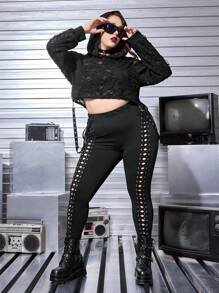 ROMWE Grunge Punk 大码黑色性感朋克孔眼系带紧身裤 - 黑色 - 查看 2