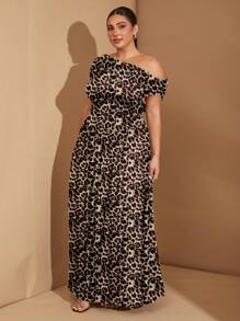 SHEIN BAE Plus Size Women's Asymmetrical Shoulder Full Leopard Print Maxi Dress Suitable For Going Out Chic Dress - Multicolor - View 3