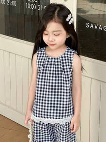 SHEIN Young Girls Casual Black & White Plaid A-Line Woven Vest & Pants Set - Multicolor - View 2