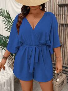 SHEIN Clasi Mono de manga corta con cuello en V profundo, cruzado, envolvente y con cinturón, de unicolor, para mujer de talla grande. Conjunto de ropa de verano para mujer, ropa de mujer de talla grande, ropa formal y casual de negocios para mujer de talla grande - azul real - Ver 5
