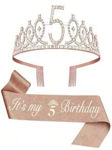 Set de 2 piezas que incluye peine para el cabello con corona de cristal de strass para el 3er, 4to, 5to, 6to, 7mo, 8vo, 9no cumpleaños, decoración de aniversario, "¡Es mi 5to cumpleaños!", faja de satén, suministros para fiestas, corona de strass y decoración de cumpleaños, navidad, día de la madre, graduación - Multicolor - Ver 8