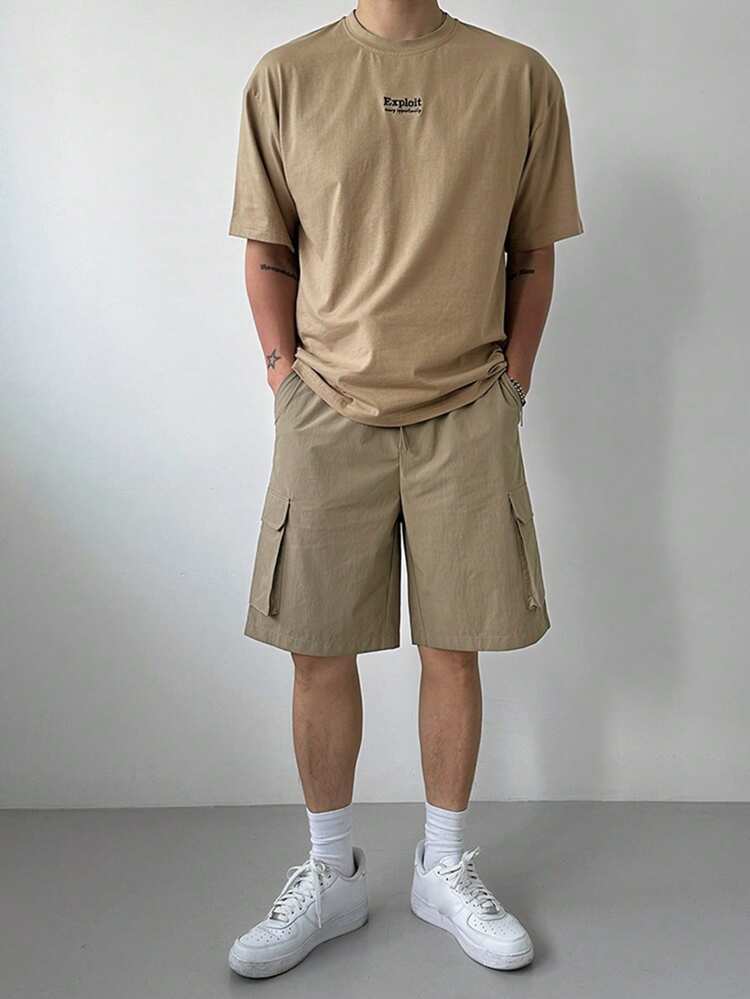 Khaki Men's Summer T-Shirt & Short Set With Letter Embroidery