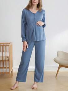 Moonlight&Mama Solid Color Loose Flare Sleeve Open Front V-Neck Maternity Loungewear Set - Blue - View 4