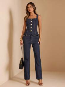 SHEIN BAE جينز نسائي بجيوب، مستقيم، فضفاض، كاجوال، متعدد الاستخدامات