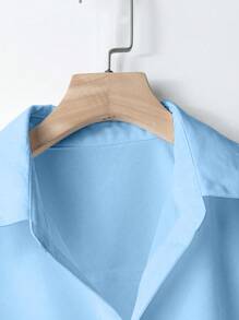 Franclia 女式简约设计宽松蝙蝠袖翻领纯色短袖衬衫 - 藍色 - 查看 4