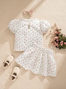 SHEIN Ensemble 2 pièces de style campagnard pour fille, blouse à manches courtes à fleurs et mini-jupe dans des couleurs claires. Convient pour les sorties quotidiennes, au printemps/été - Beige - Voir 3