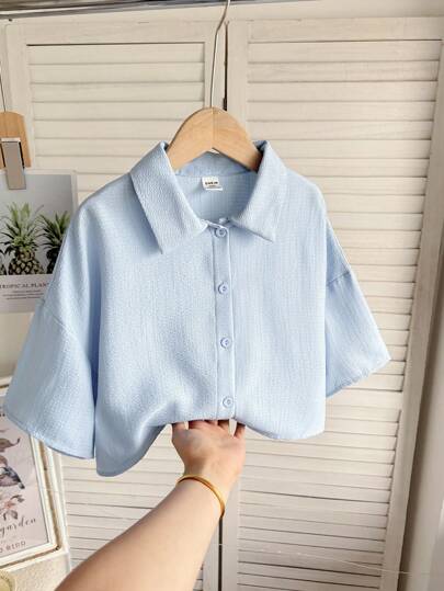 SHEIN Tween Kız Rahat Dokulu Düz Renk Mavi Dokuma Günlük Kırpılmış Gömlek
