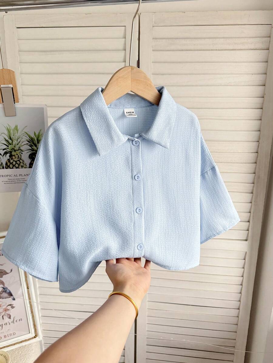 SHEIN 青少年女孩舒适纹理纯色蓝色编织休闲短款衬衫 - 淺藍色 - 查看 1