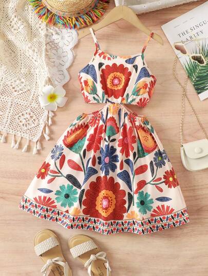 SHEIN 年轻女孩夏季假日花卉印花腰部镂空无袖连衣裙