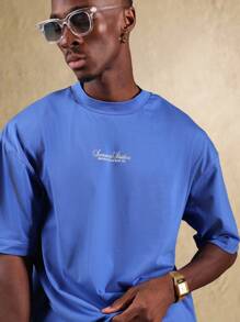 SUMWON قميص كاجوال زائد الحجم من بيفرلي هيلز بوليفارد مصنوع من قطن الجيرسيه، ملابس استرخاء رياضية بطراز الشارع الصيفي المريح - أزرق غامق - مشاهدة 1