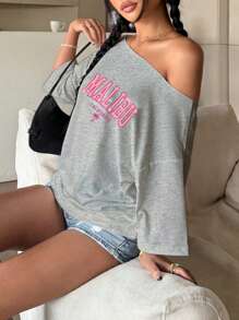 INAWLY Kaos Wanita Kasual Lengan Pendek dengan Cetakan Huruf dan Bahu Terbuka, Cocok untuk Liburan - Grey - View 3