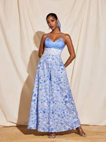 TIYA Floral Print Plunging Neck Wide Leg Tie Back Cami Jumpsuit Women Summer Vacation Wear - Blue - View 2