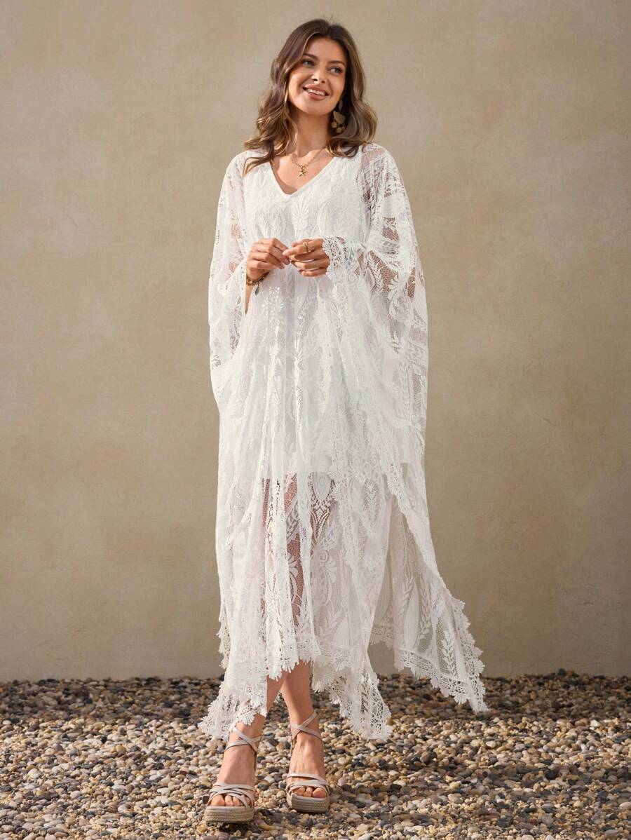 Wildy Đầm ren dài lãng mạn phong cách Bohemian mùa hè dành cho nữ, thích hợp cho kỳ nghỉ, đầm trắng nữ, đầm chống nắng cỡ lớn nữ, đầm sinh nhật trắng, đầm tốt nghiệp trắng, đầm cưới trắng, đầm phù dâu, trang phục Boho nữ, đầm Kaftan. - Màu be - Xem 1