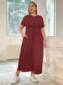 SHEIN Essnce Plus Size Women's New Summer Fashion Casual Solid Color Waist Strap A Hem (With Pockets) Long Short-Sleeved Dress - Burgundy - View 4