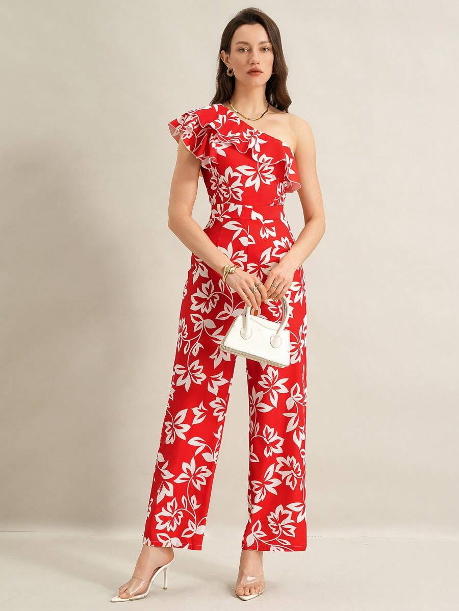 SHEIN Clasi Monos elegantes con cuello en V y estampado floral, con cordón ajustable en la cintura - Multicolor - Ver 1