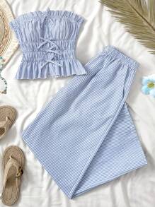 SHEIN Teen Girls Casual Vacation Woven Fresh Blue Tie-Front Stripe Ruched Bandeau Top And Low Waist Drawstring Waist Trousers Two Pieces Set, Suitable For Summer, Street Shooting, Lunch Striped Two Piece Set Two Piece Set Summer Cute Two Piece Sets