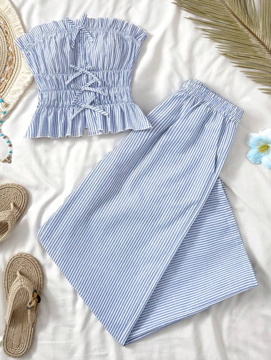 SHEIN Teen Girls Casual Vacation Woven Fresh Blue Tie-Front Stripe Ruched Bandeau Top And Low Waist Drawstring Waist Trousers Two Pieces Set, Suitable For Summer, Street Shooting, Lunch Striped Two Piece Set Two Piece Set Summer Cute Two Piece Sets