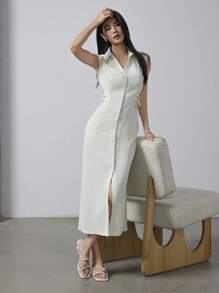 Heiryn Women's Elegant Button Front Sleeveless Waist Cinched Mid-Length Dress, Summer - Apricot - View 4