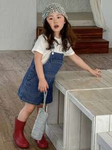 Dazy Kids 年轻女孩休闲水洗韩版可爱做旧宽松牛仔背带裤和连体裤，女孩夏季服装 - 藍色 - 查看 4