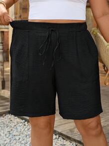 SHEIN LUNE 加大码女式抽绳腰口袋舒适休闲短裤海滩度假女士机场黑色短裤女士休闲短裤夏季