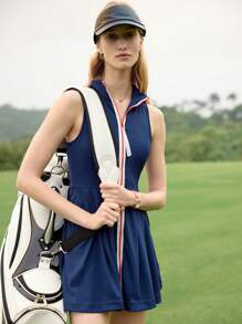 Activina 女式夏季休闲褶皱拉链无袖运动连衣裙 - 寶藍色 - 查看 1