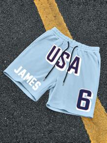 Aesthetic Post--Plus Size Men's USA Themed Sports Shorts. Wear These Patriotic Shorts To Show Your National Pride! The Blue Shorts With White Letters Showcase Team Spirit, While The "JAMES" And "6" Numbers Express Your Personalized. Made Of Comfortable Fabric Suitable For Various Sports Occasions. Whether It's Basketball Or Street Style, These Shorts Will Make You The Center Of Attention And Demonstrate Your Vitality And Style! - Blue - View 3